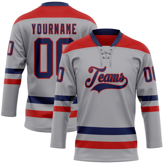 Custom Gray Navy-Red Hockey Lace Neck Jersey - Sky-Custom