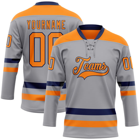 Custom Gray Bay Orange-Navy Hockey Lace Neck Jersey - Sky-Custom