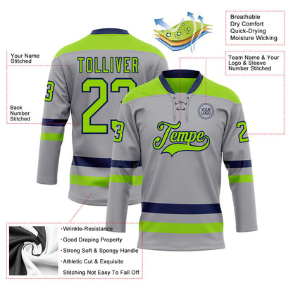 Custom Gray Neon Green-Navy Hockey Lace Neck Jersey - Sky-Custom