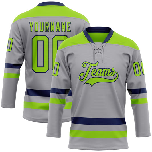 Custom Gray Neon Green-Navy Hockey Lace Neck Jersey - Sky-Custom