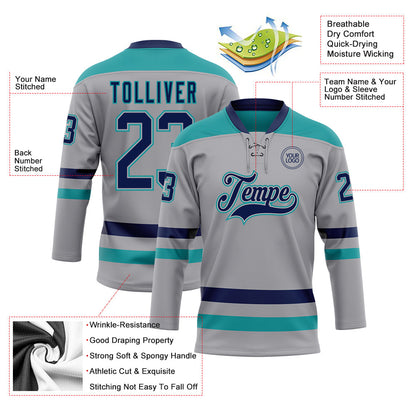 Custom Gray Navy-Teal Hockey Lace Neck Jersey - Sky-Custom