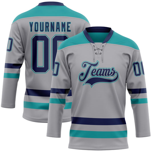Custom Gray Navy-Teal Hockey Lace Neck Jersey - Sky-Custom