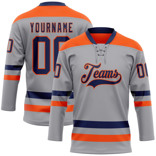 Custom Gray Navy-Orange Hockey Lace Neck Jersey - Sky-Custom