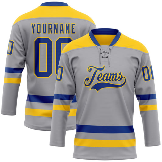 Custom Gray Royal-Yellow Hockey Lace Neck Jersey - Sky-Custom