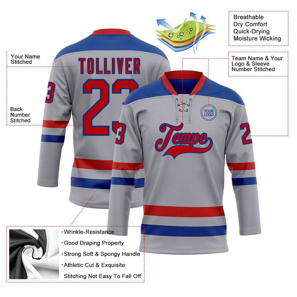 Custom Gray Red-Royal Hockey Lace Neck Jersey - Sky-Custom