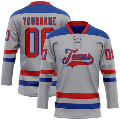 Custom Gray Red-Royal Hockey Lace Neck Jersey - Sky-Custom