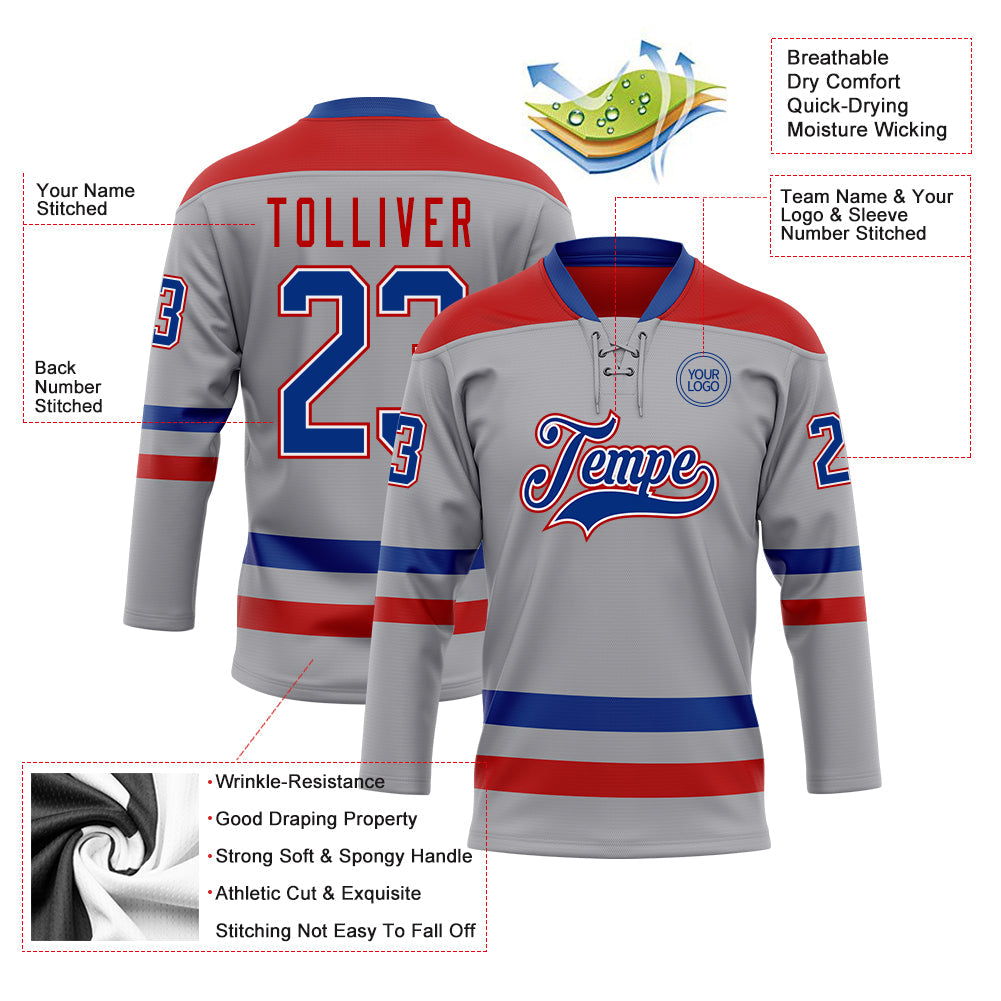 Custom Gray Royal-Red Hockey Lace Neck Jersey - Sky-Custom