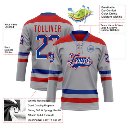 Custom Gray Royal-Red Hockey Lace Neck Jersey - Sky-Custom
