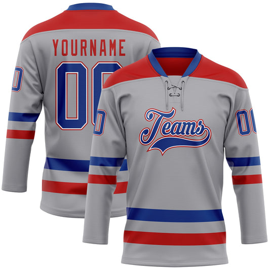 Custom Gray Royal-Red Hockey Lace Neck Jersey - Sky-Custom