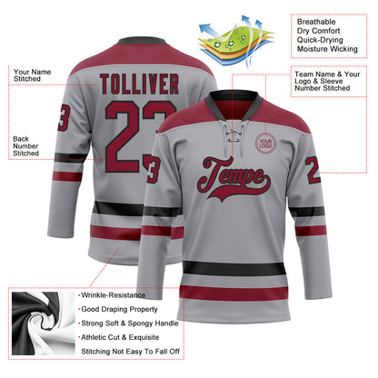 Custom Gray Crimson-Black Hockey Lace Neck Jersey - Sky-Custom