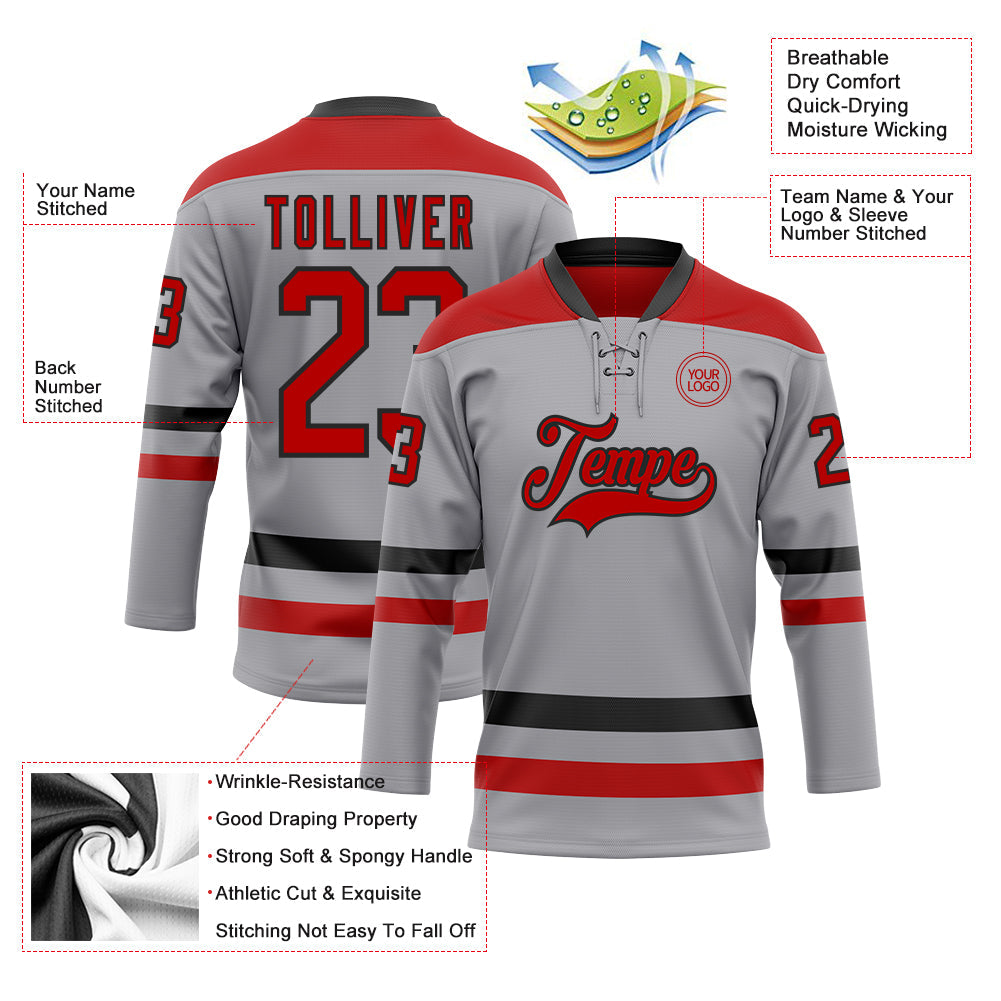 Custom Gray Red-Black Hockey Lace Neck Jersey - Sky-Custom