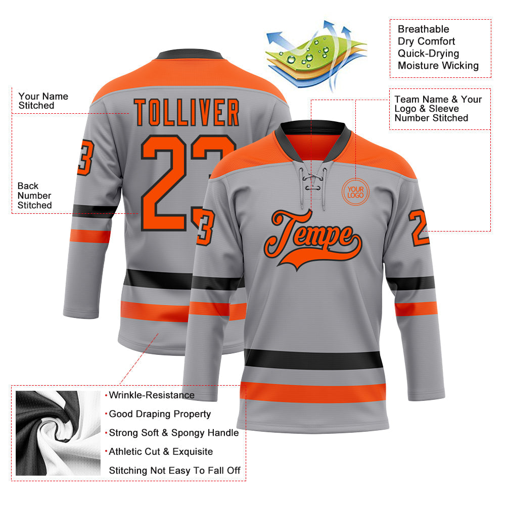 Custom Gray Orange-Black Hockey Lace Neck Jersey - Sky-Custom