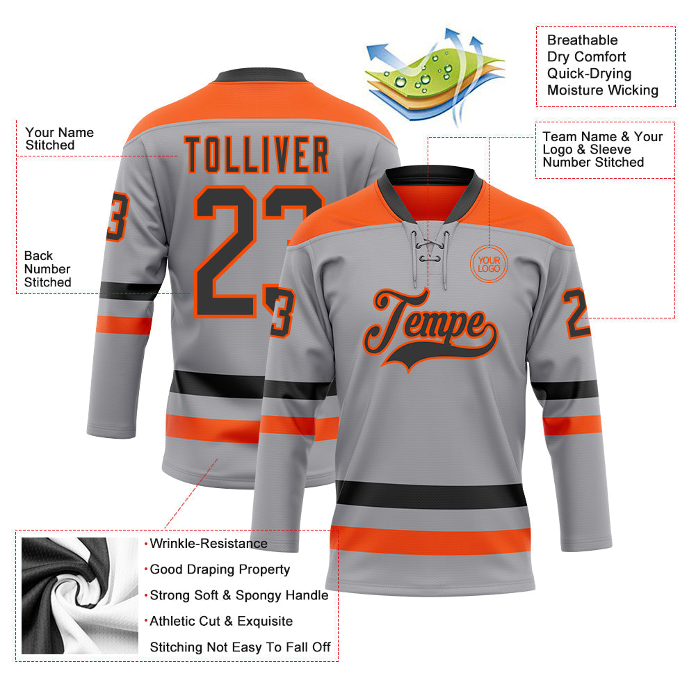 Custom Gray Black-Orange Hockey Lace Neck Jersey - Sky-Custom