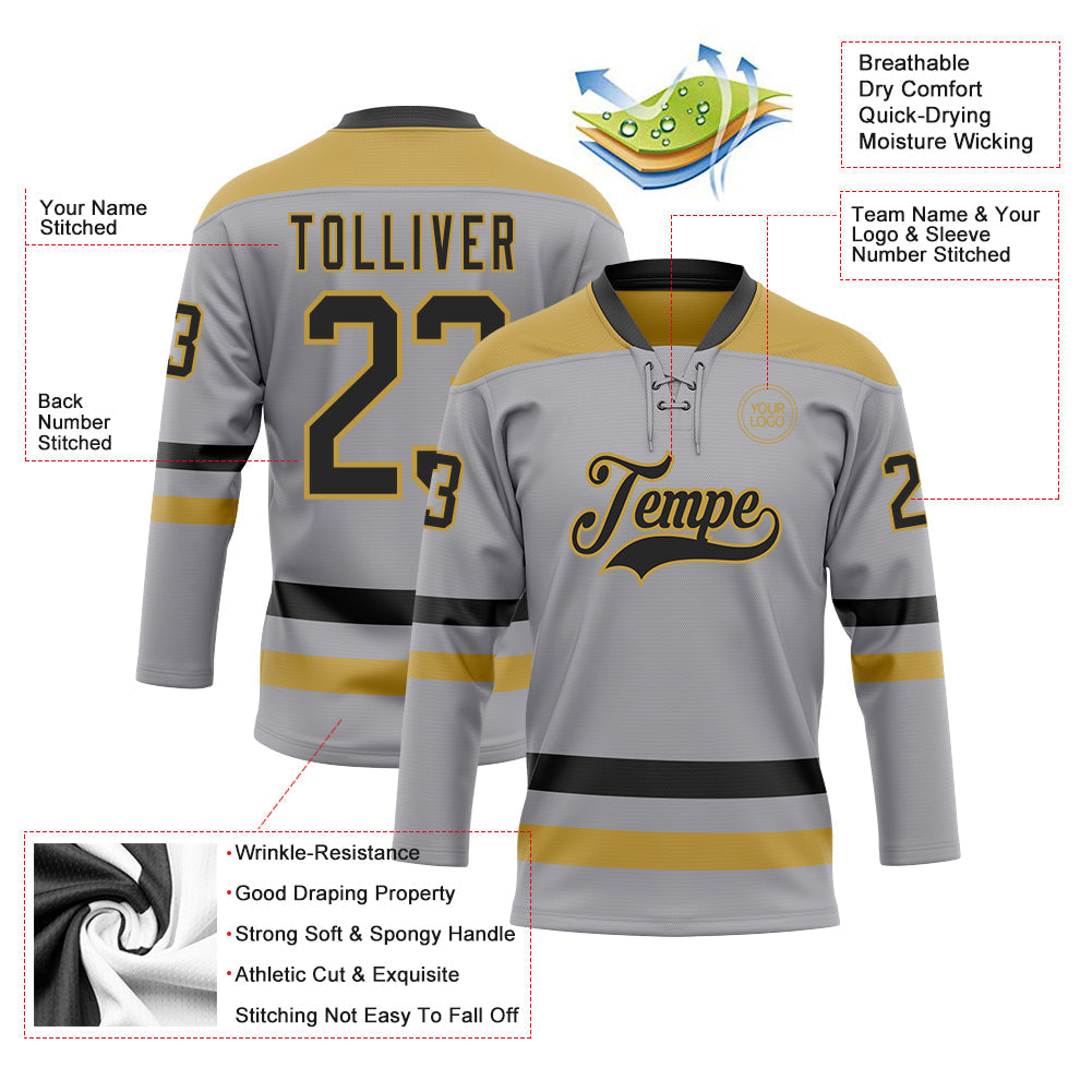 Custom Gray Black-Old Gold Hockey Lace Neck Jersey - Sky-Custom