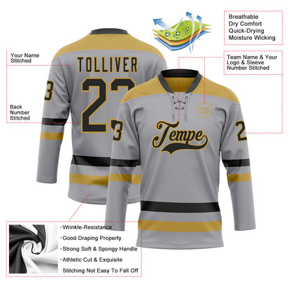 Custom Gray Black-Old Gold Hockey Lace Neck Jersey - Sky-Custom