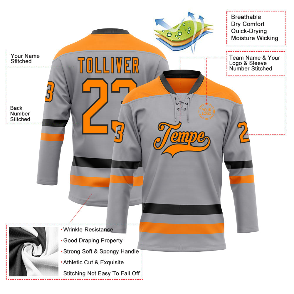 Custom Gray Bay Orange-Black Hockey Lace Neck Jersey - Sky-Custom