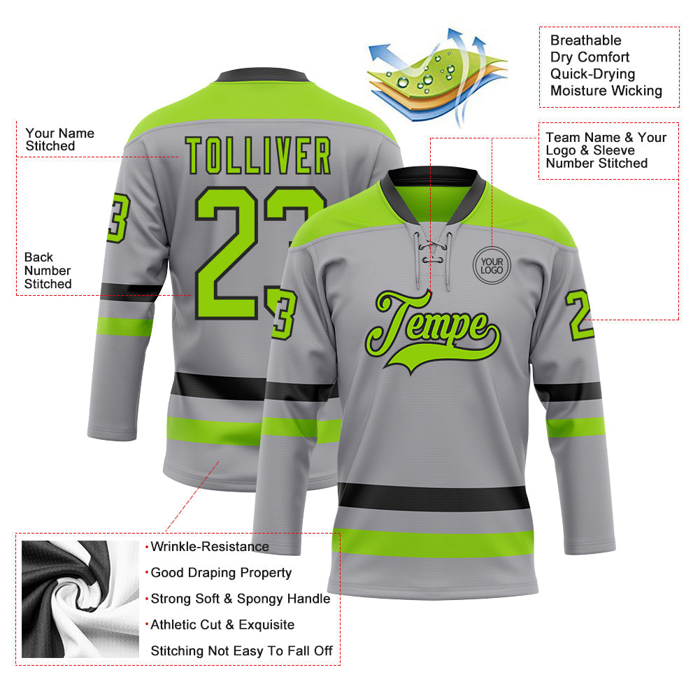 Custom Gray Neon Green-Black Hockey Lace Neck Jersey - Sky-Custom