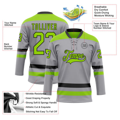 Custom Gray Neon Green-Black Hockey Lace Neck Jersey - Sky-Custom