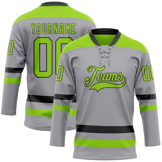 Custom Gray Neon Green-Black Hockey Lace Neck Jersey - Sky-Custom