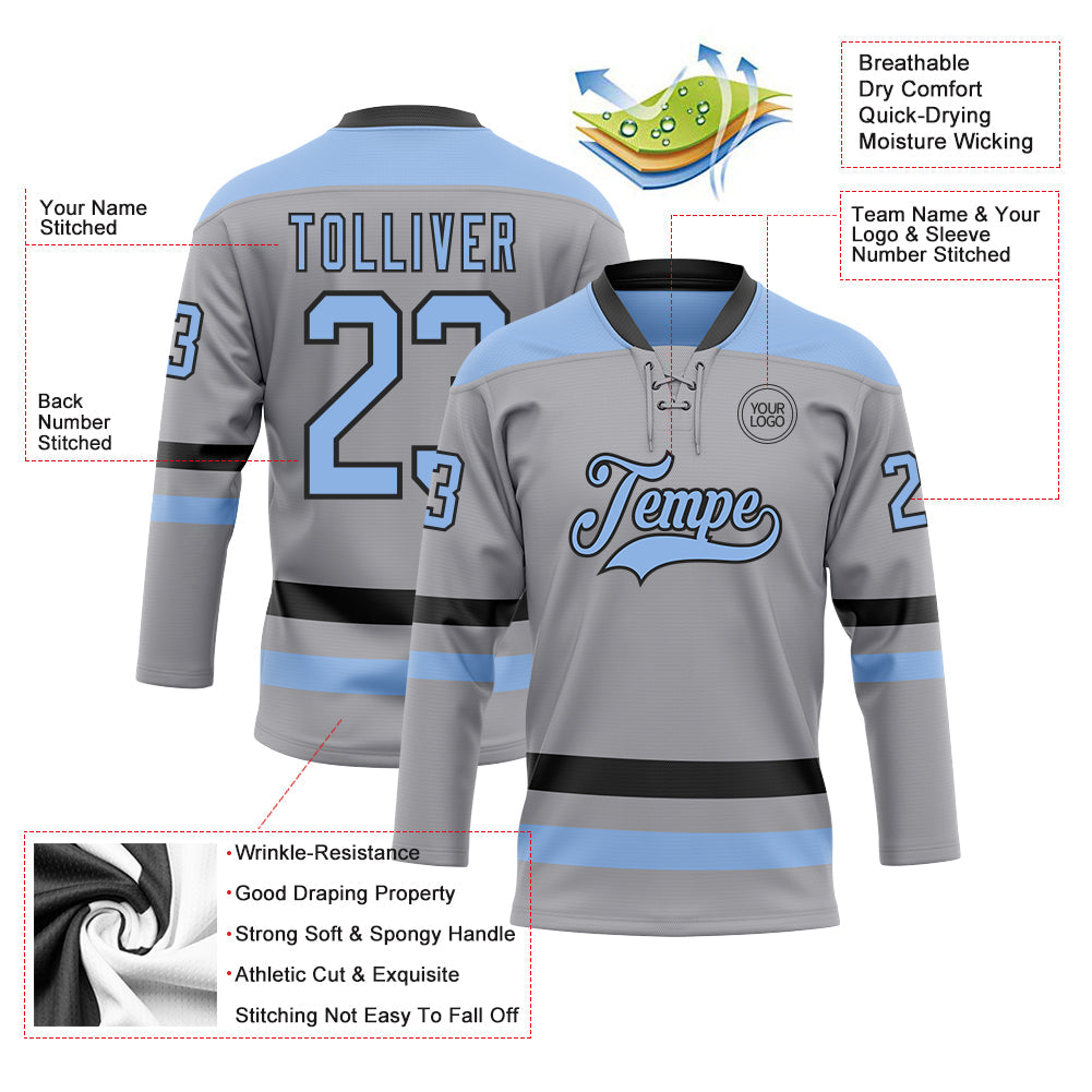 Custom Gray Light Blue-Black Hockey Lace Neck Jersey - Sky-Custom