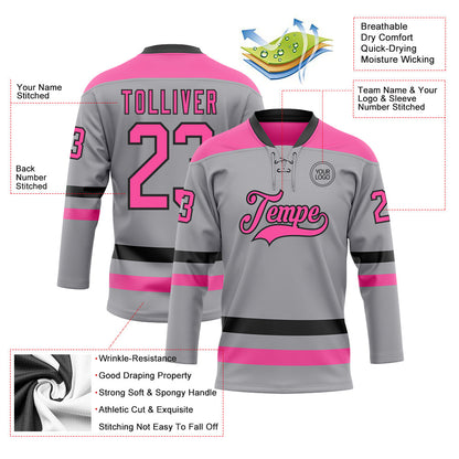Custom Gray Pink-Black Hockey Lace Neck Jersey - Sky-Custom