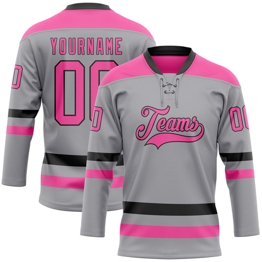 Custom Gray Pink-Black Hockey Lace Neck Jersey - Sky-Custom