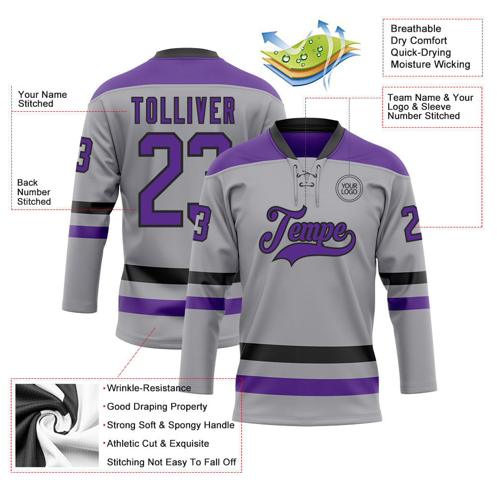 Custom Gray Purple-Black Hockey Lace Neck Jersey - Sky-Custom