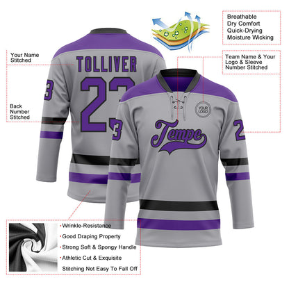Custom Gray Purple-Black Hockey Lace Neck Jersey - Sky-Custom