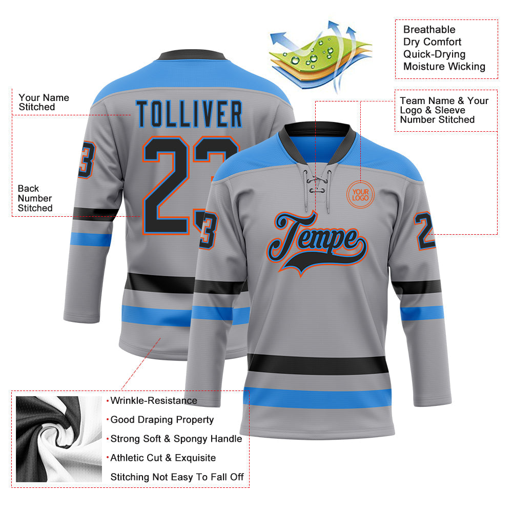 Custom Gray Black Powder Blue-Orange Hockey Lace Neck Jersey - Sky-Custom