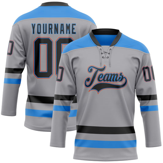 Custom Gray Black Powder Blue-Orange Hockey Lace Neck Jersey - Sky-Custom