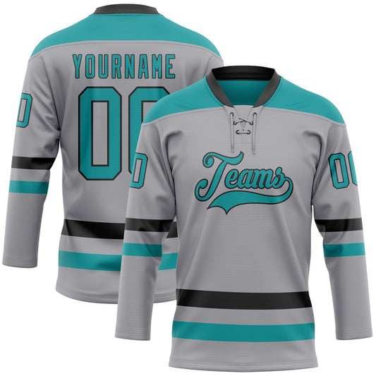 Custom Gray Teal-Black Hockey Lace Neck Jersey - Sky-Custom