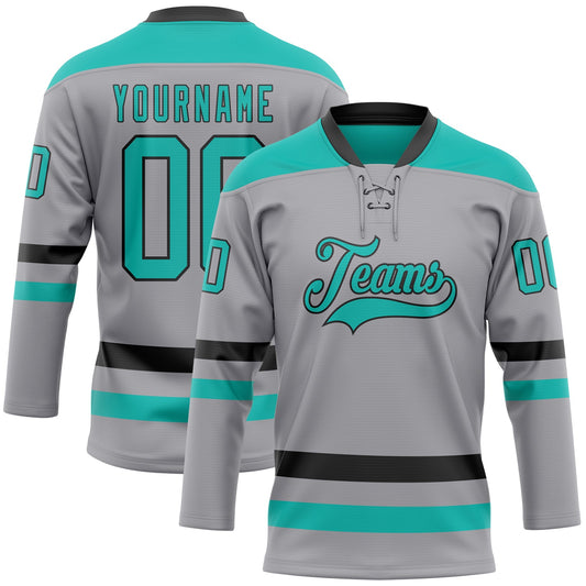 Custom Gray Aqua-Black Hockey Lace Neck Jersey - Sky-Custom