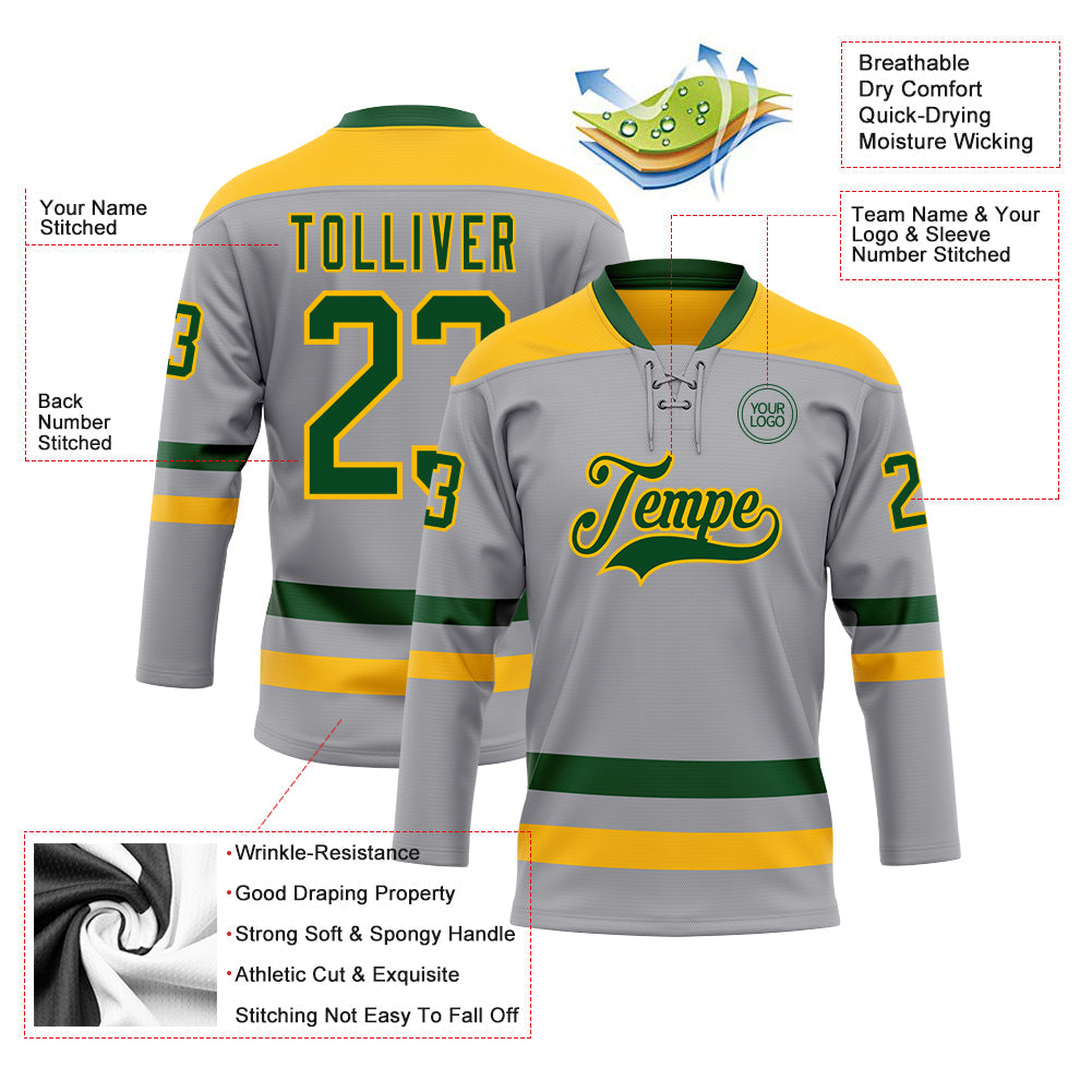 Custom Gray Green-Gold Hockey Lace Neck Jersey - Sky-Custom