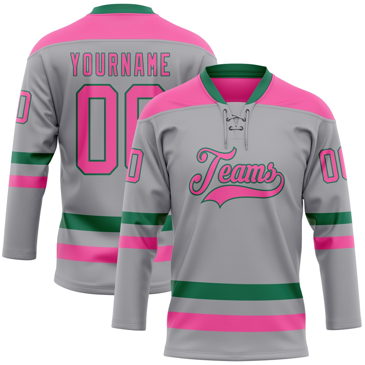 Custom Gray Pink-Kelly Green Hockey Lace Neck Jersey - Sky-Custom