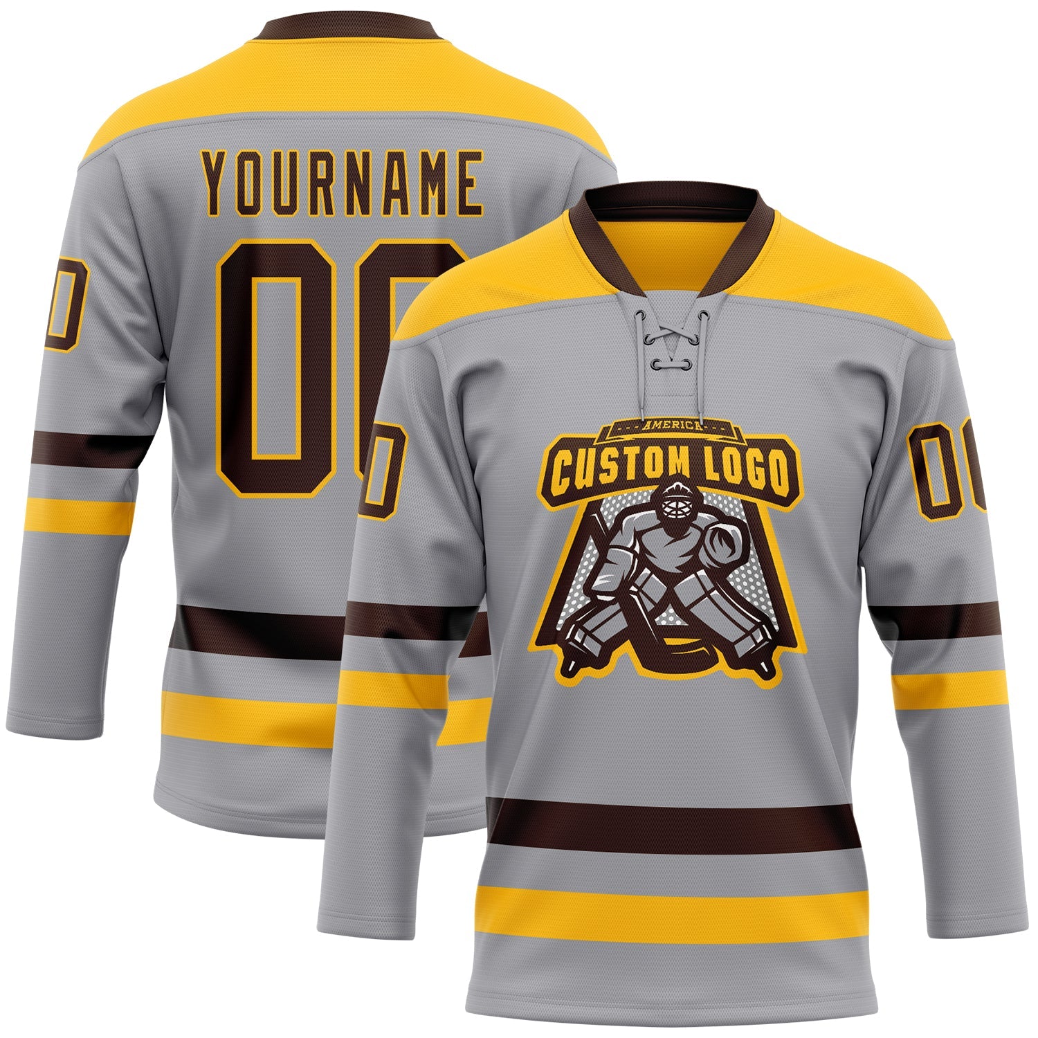 Custom Gray Brown-Gold Hockey Lace Neck Jersey - Sky-Custom