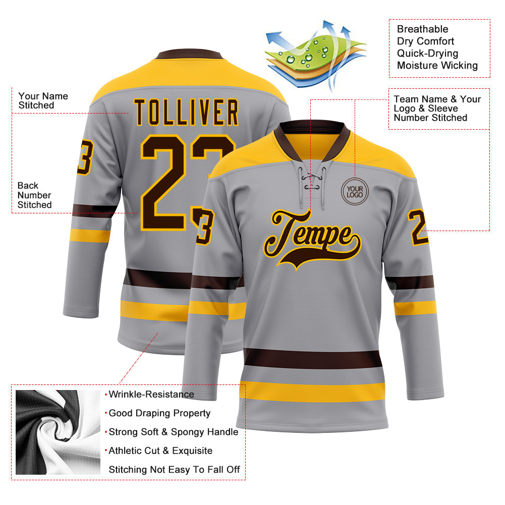 Custom Gray Brown-Gold Hockey Lace Neck Jersey - Sky-Custom