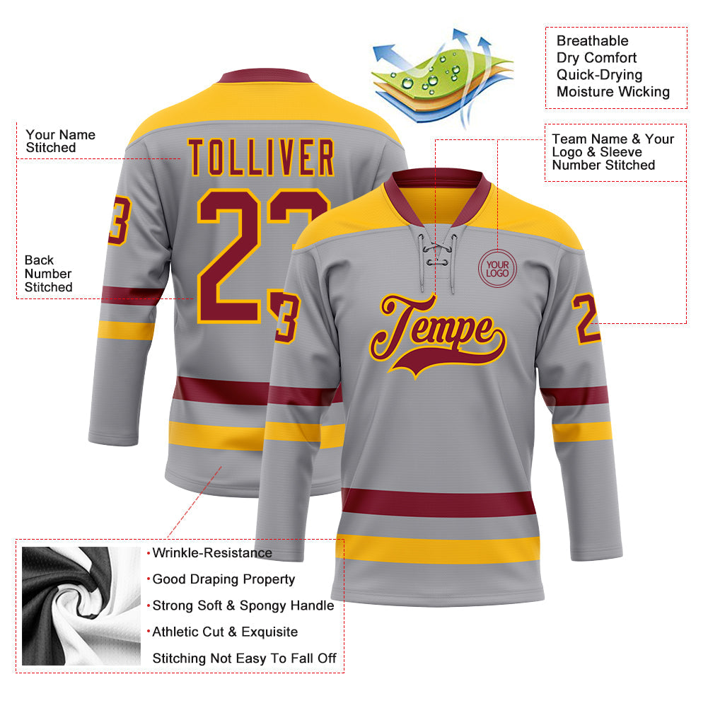 Custom Gray Crimson-Gold Hockey Lace Neck Jersey - Sky-Custom
