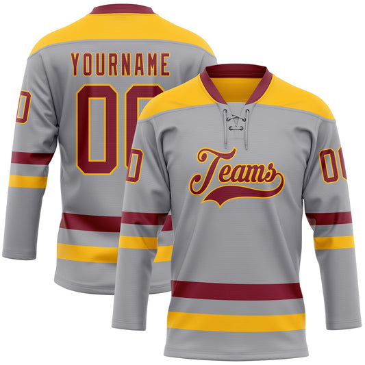 Custom Gray Crimson-Gold Hockey Lace Neck Jersey - Sky-Custom