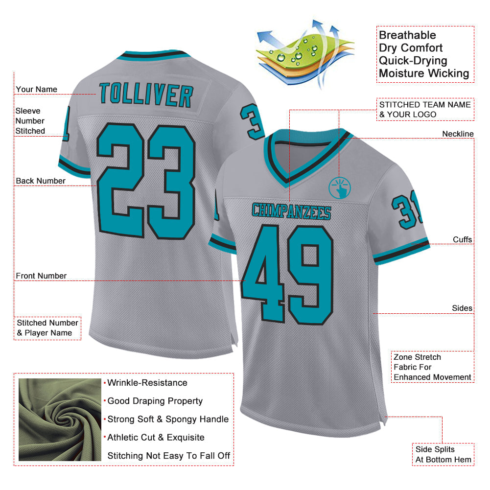 Custom Gray Teal-Black Mesh Authentic Throwback Football Jersey - Sky-Custom