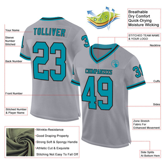 Custom Gray Teal-Black Mesh Authentic Throwback Football Jersey - Sky-Custom