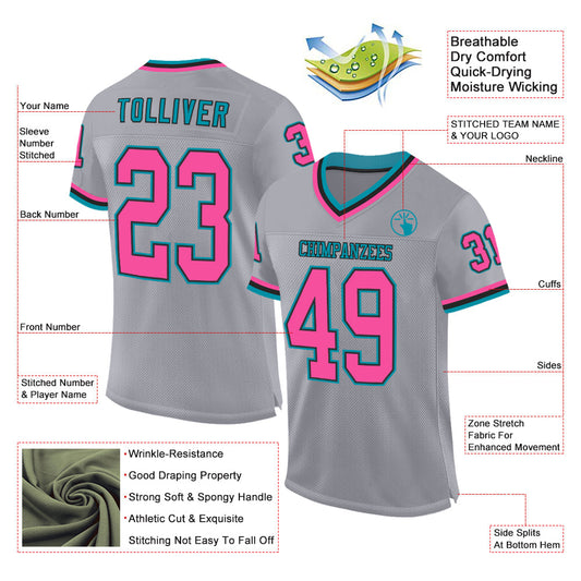 Custom Gray Pink Black-Teal Mesh Authentic Throwback Football Jersey - Sky-Custom