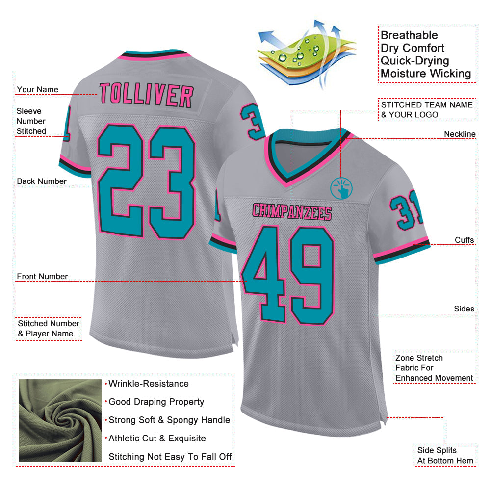 Custom Gray Teal Black-Pink Mesh Authentic Throwback Football Jersey - Sky-Custom