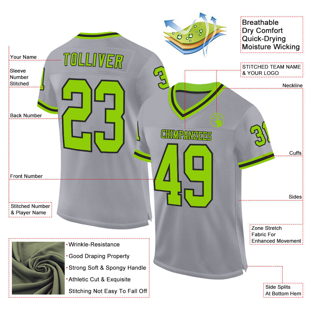 Custom Gray Neon Green-Black Mesh Authentic Throwback Football Jersey - Sky-Custom