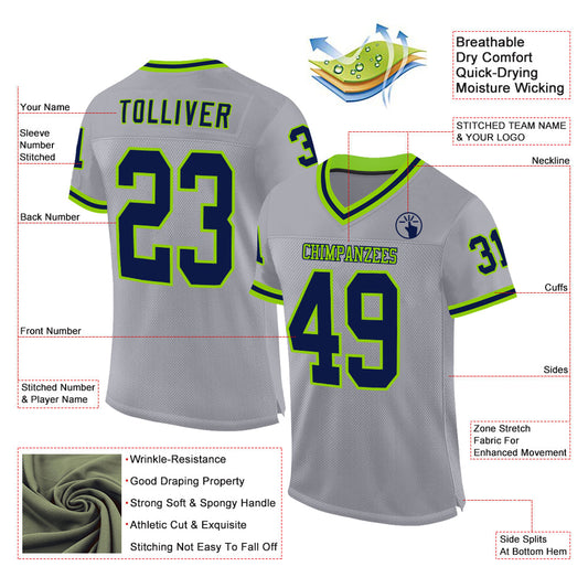 Custom Gray Navy-Neon Green Mesh Authentic Throwback Football Jersey - Sky-Custom