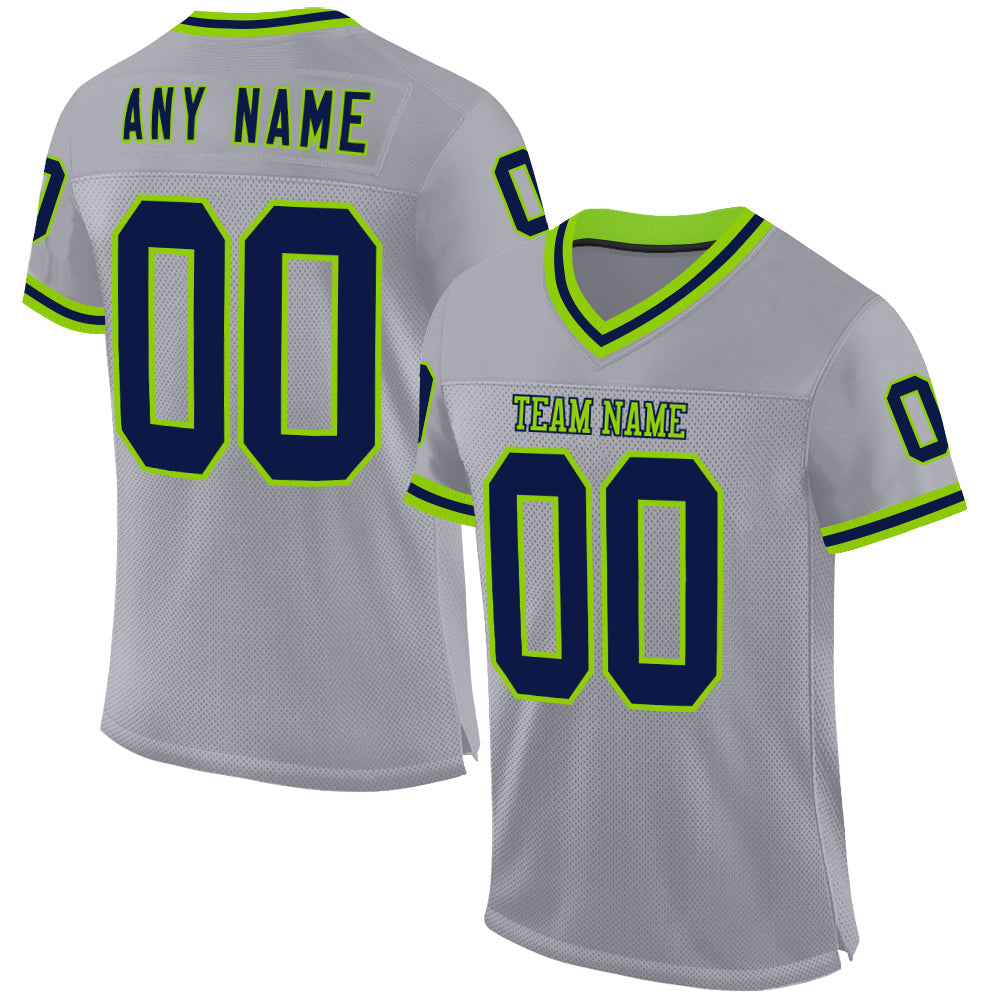 Custom Gray Navy-Neon Green Mesh Authentic Throwback Football Jersey - Sky-Custom