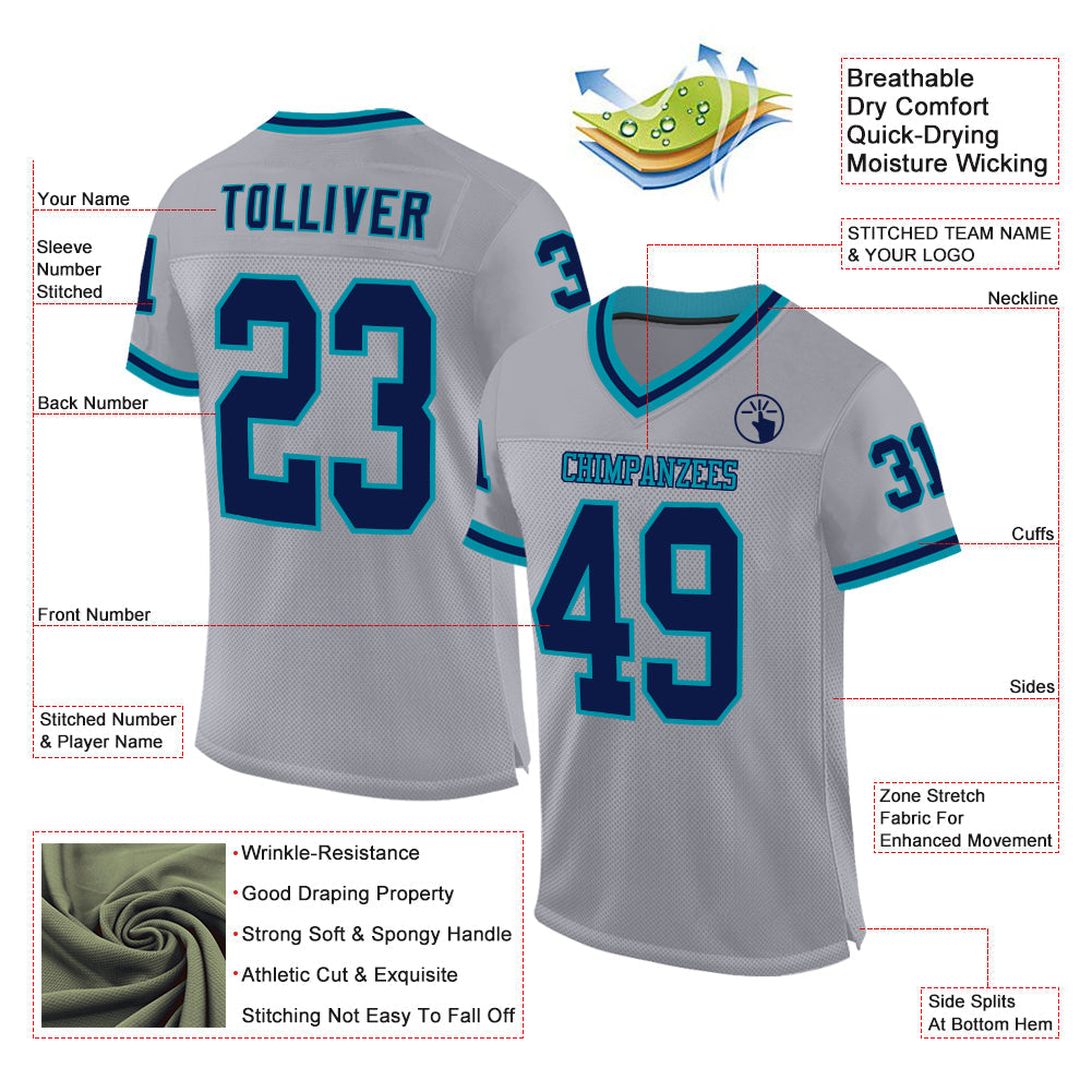 Custom Gray Navy-Teal Mesh Authentic Throwback Football Jersey - Sky-Custom