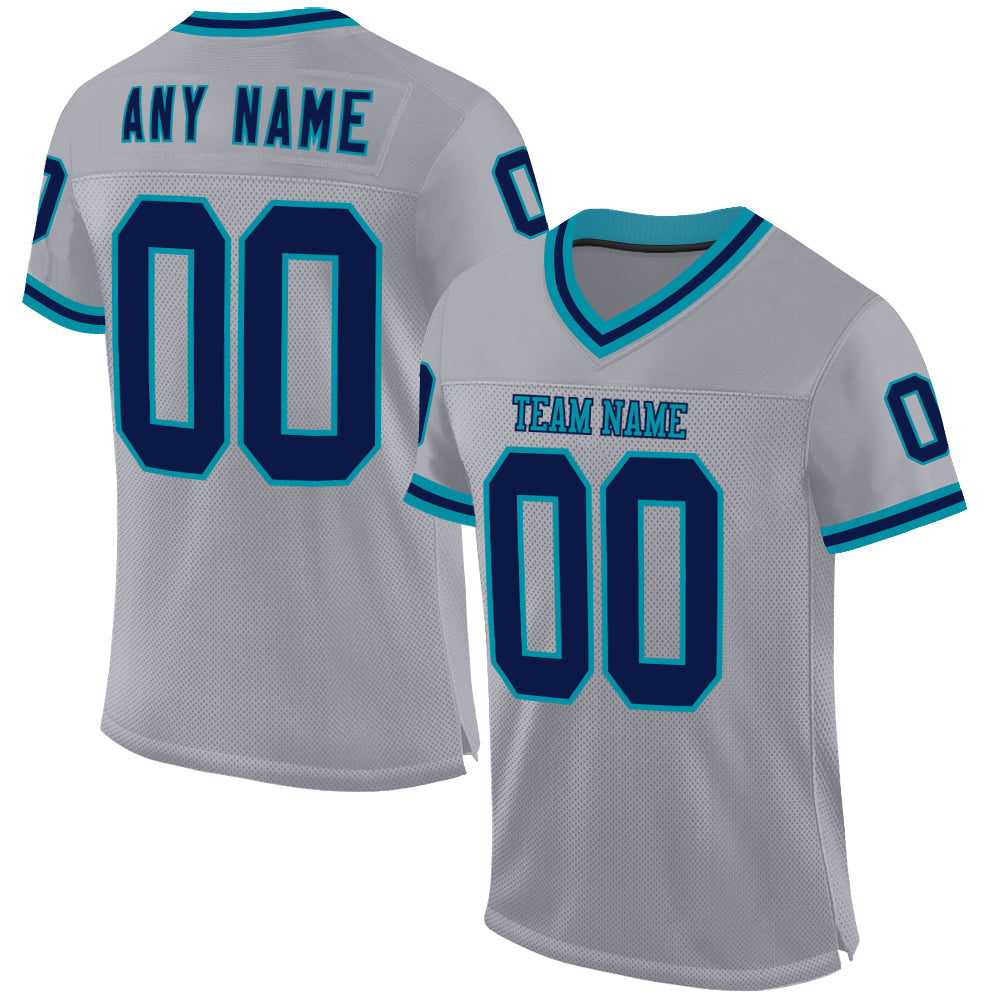 Custom Gray Navy-Teal Mesh Authentic Throwback Football Jersey - Sky-Custom