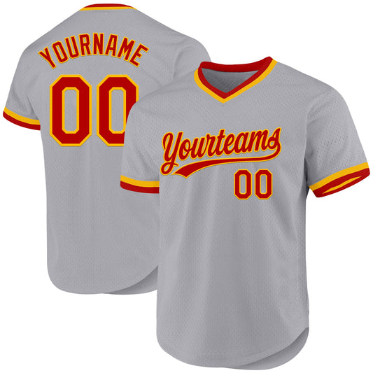 Custom Gray Red-Gold Authentic Throwback Baseball Jersey - Sky-Custom