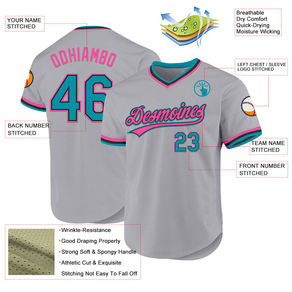 Custom Gray Teal Black-Pink Authentic Throwback Baseball Jersey - Sky-Custom