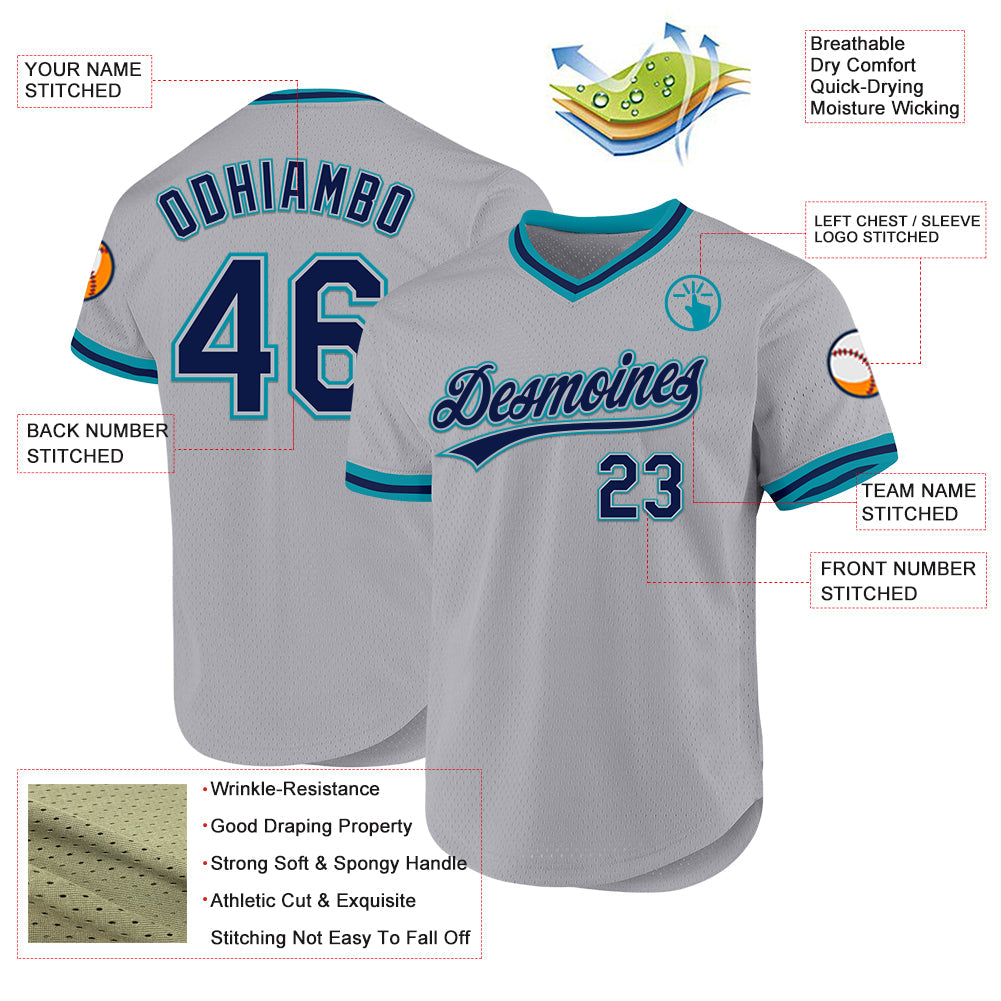 Custom Gray Navy-Teal Authentic Throwback Baseball Jersey - Sky-Custom